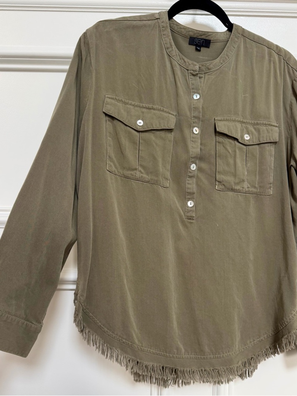 Sen Olive Utility Henley Blouse with Fringe Hem